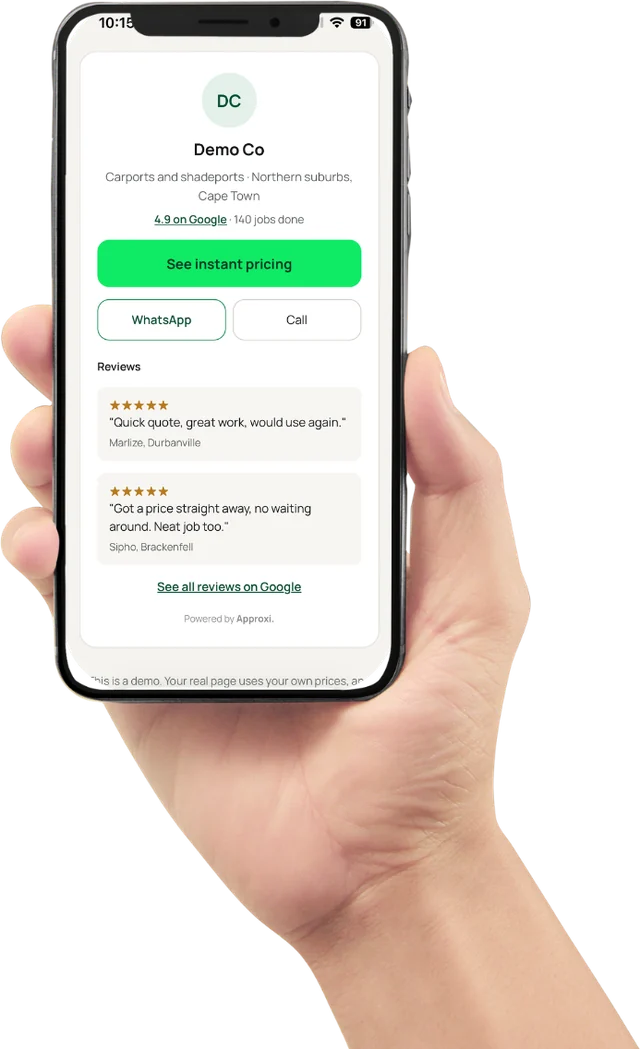 An Approxi price page on a phone, with instant pricing, WhatsApp and Call buttons and Google reviews
